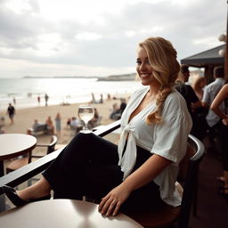 A curvy blonde woman with her hair styled in a sexy plait, sitting in a cafe overlooking the beach at Lyme Regis