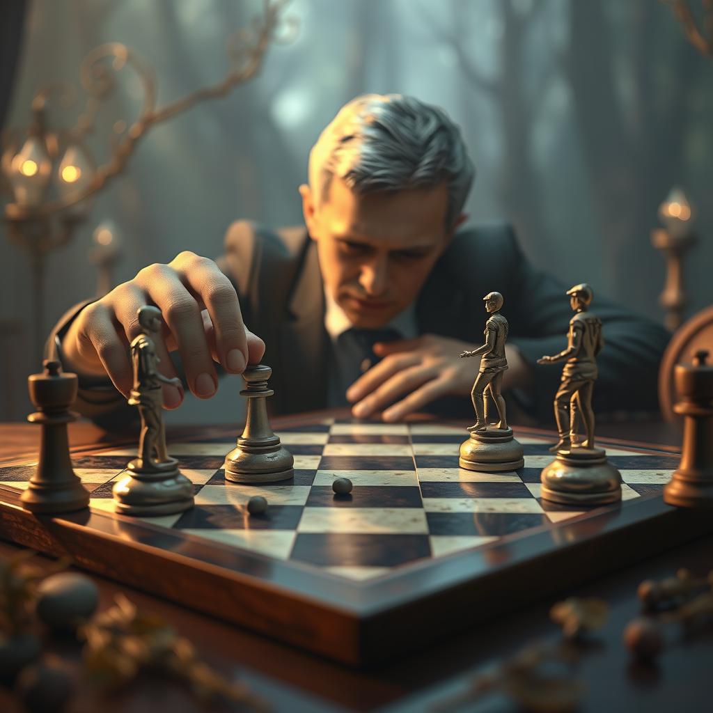 A concept art of a person creatively moving four chess pieces on a chessboard