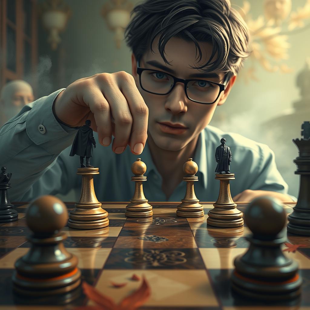 A concept art of a person creatively moving four chess pieces on a chessboard