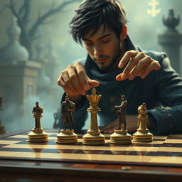 A concept art of a person creatively moving four chess pieces on a chessboard