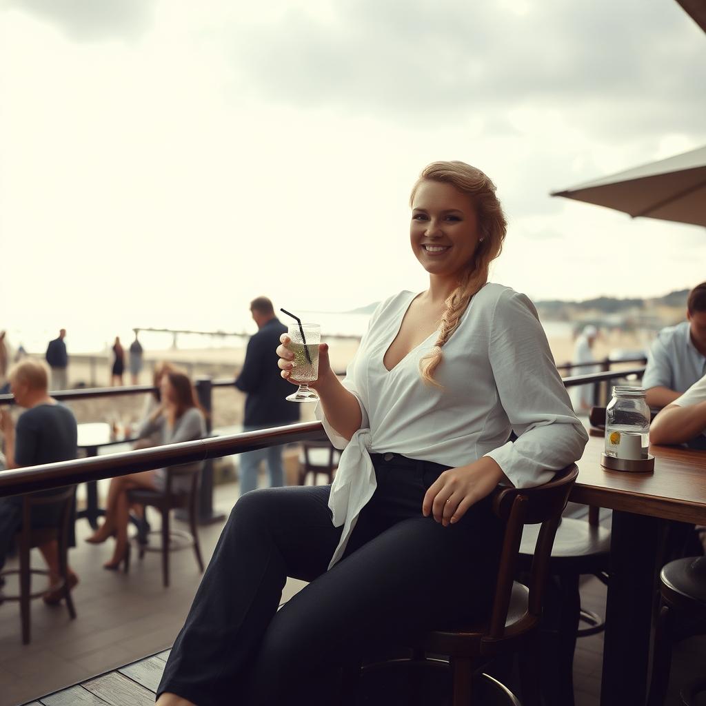 A curvy blonde woman with a sexy plait, sitting in a cafe overlooking the beach at Lyme Regis