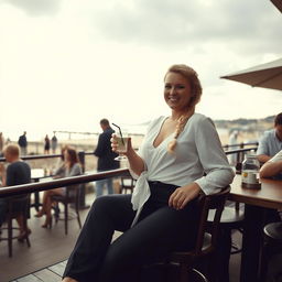 A curvy blonde woman with a sexy plait, sitting in a cafe overlooking the beach at Lyme Regis