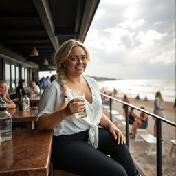 A curvy blonde woman with a sexy plait, sitting in a cafe overlooking the beach at Lyme Regis