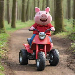 Peppa Pig joyfully riding a red Honda ATC, with a big smile on her face. The setting is a sunny clearing in a forest.