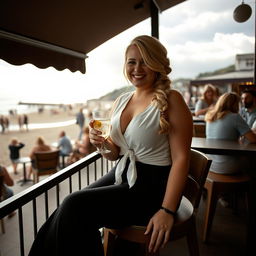 A curvy blonde woman with a sexy plait, sitting in a cafe overlooking the beach at Lyme Regis