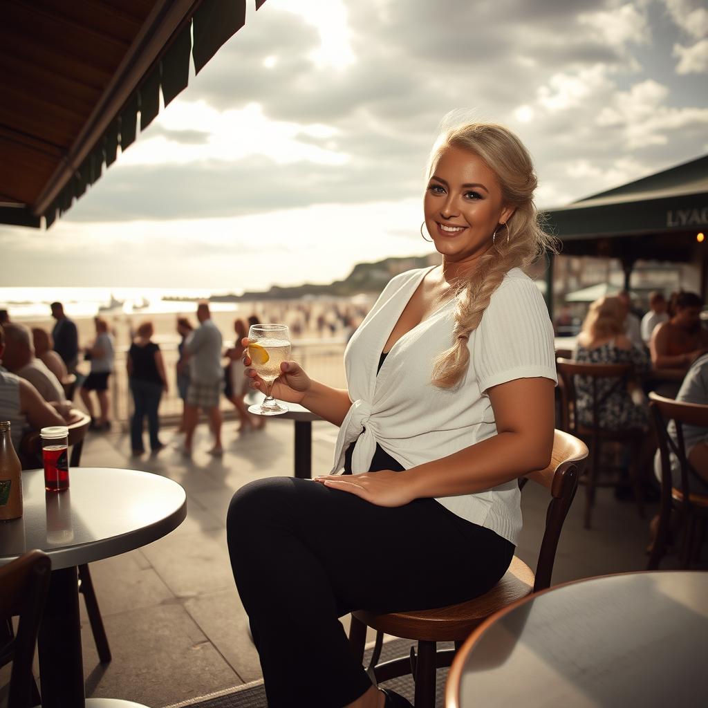 A curvy blonde woman with her hair styled in a sexy plait, sitting in a cafe overlooking the beach at Lyme Regis