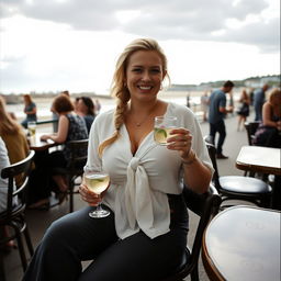 A curvy blonde woman with her hair styled in a sexy plait, sitting in a cafe overlooking the beach at Lyme Regis