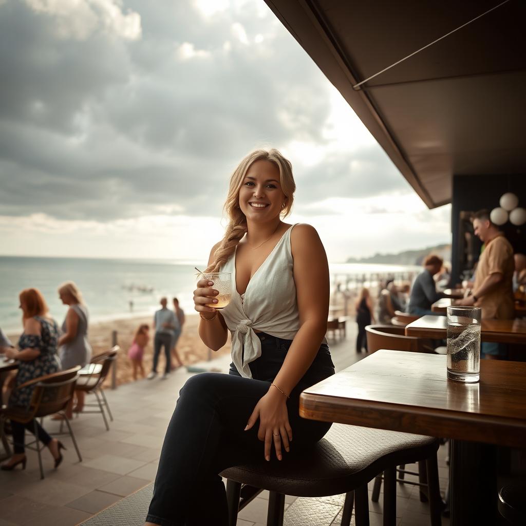 A curvy blonde woman with her hair styled in a sexy plait, sitting in a cafe overlooking the beach at Lyme Regis