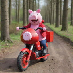 Peppa Pig joyfully riding a red Honda ATC, with a big smile on her face. The setting is a sunny clearing in a forest.