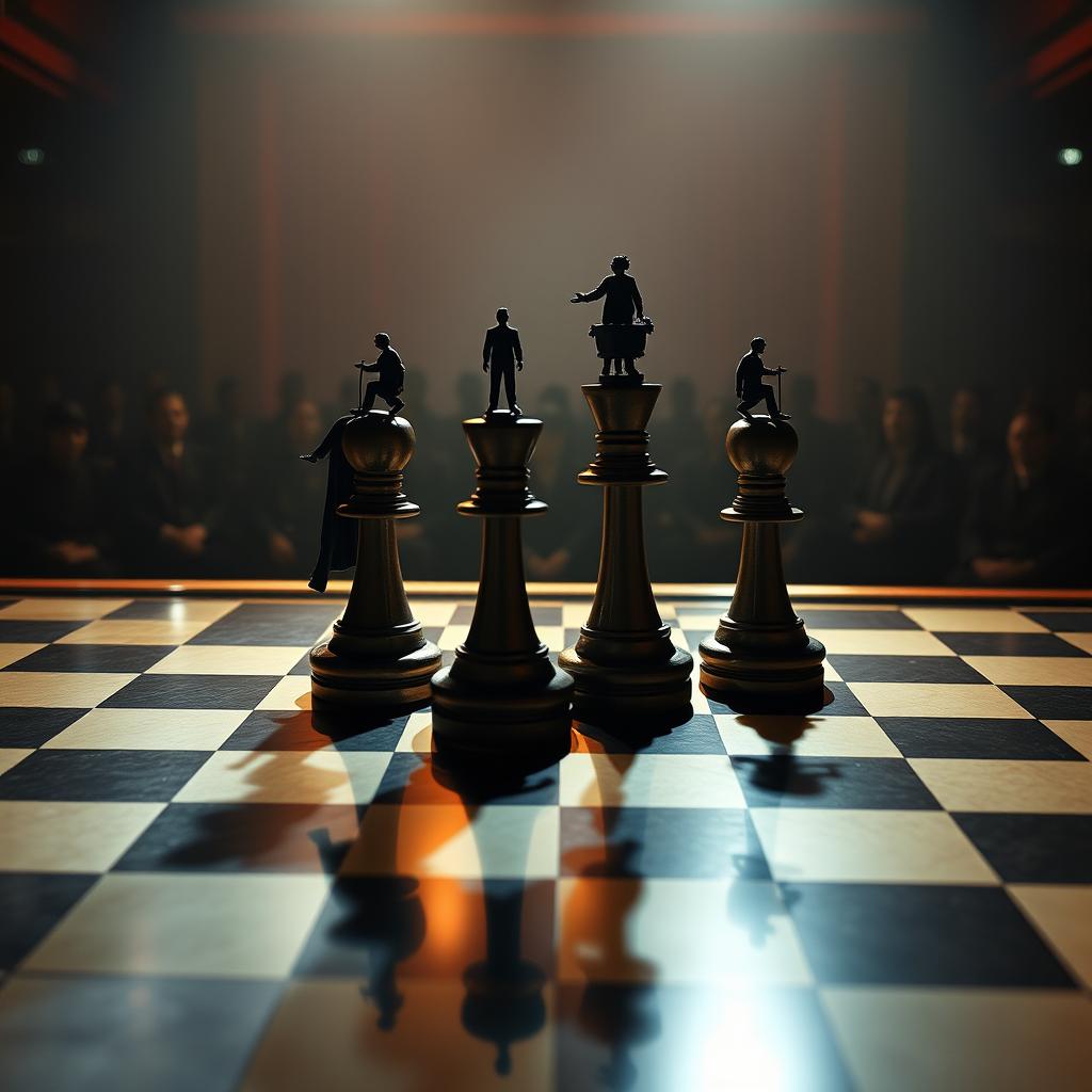 a surreal chessboard with four chess pieces, each being uniquely moved by a different person