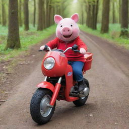 Peppa Pig joyfully riding a red Honda ATC, with a big smile on her face. The setting is a sunny clearing in a forest.