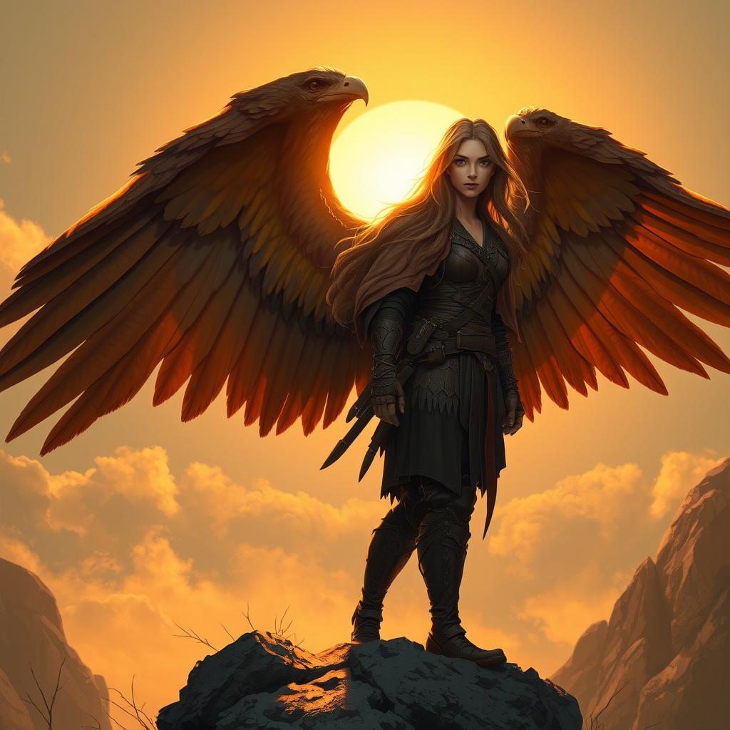 A female DnD harpy ranger with long flowing hair and large, imposing vulture wings