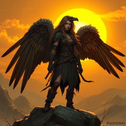 A female DnD harpy ranger with long flowing hair and large, imposing vulture wings