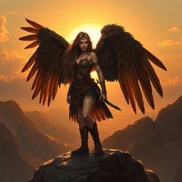 A female DnD harpy ranger with long flowing hair and large, imposing vulture wings