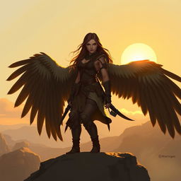 A female DnD harpy ranger with long flowing hair and large, imposing vulture wings