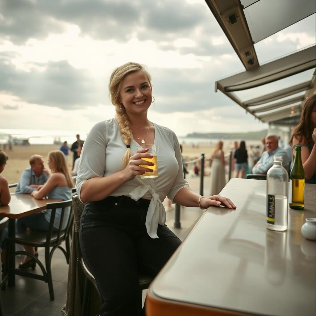 A curvy blonde woman with a sexy plait, sitting in a cafe overlooking the beach at Lyme Regis