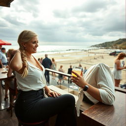 A curvy blonde woman with a sexy plait, sitting in a cafe overlooking the beach at Lyme Regis