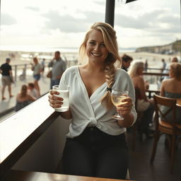 A curvy blonde woman with a sexy plait, sitting in a cafe overlooking the beach at Lyme Regis