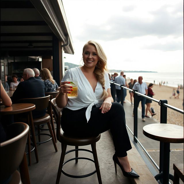 A curvy blonde woman with a sexy plait, sitting in a cafe overlooking the beach at Lyme Regis