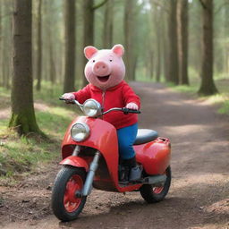 Peppa Pig joyfully riding a red Honda ATC, with a big smile on her face. The setting is a sunny clearing in a forest.