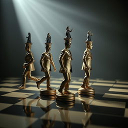 a surreal scene with four human-shaped chess pieces, each uniquely moved by a single individual