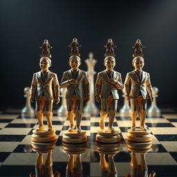 a surreal scene with four human-shaped chess pieces, each uniquely moved by a single individual