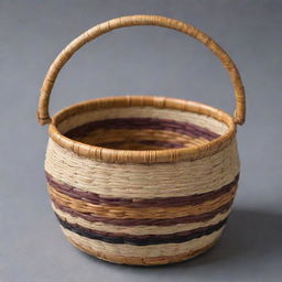 Create a detailed image of a small, open-top Tiruray native basket intricately woven from natural materials, showcasing its unique patterns and textures.