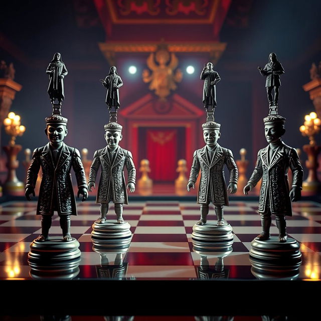 a surreal scene with four human-shaped chess pieces, each uniquely moved by a single individual