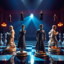 a surreal scene with four human-shaped chess pieces, each uniquely moved by a single individual