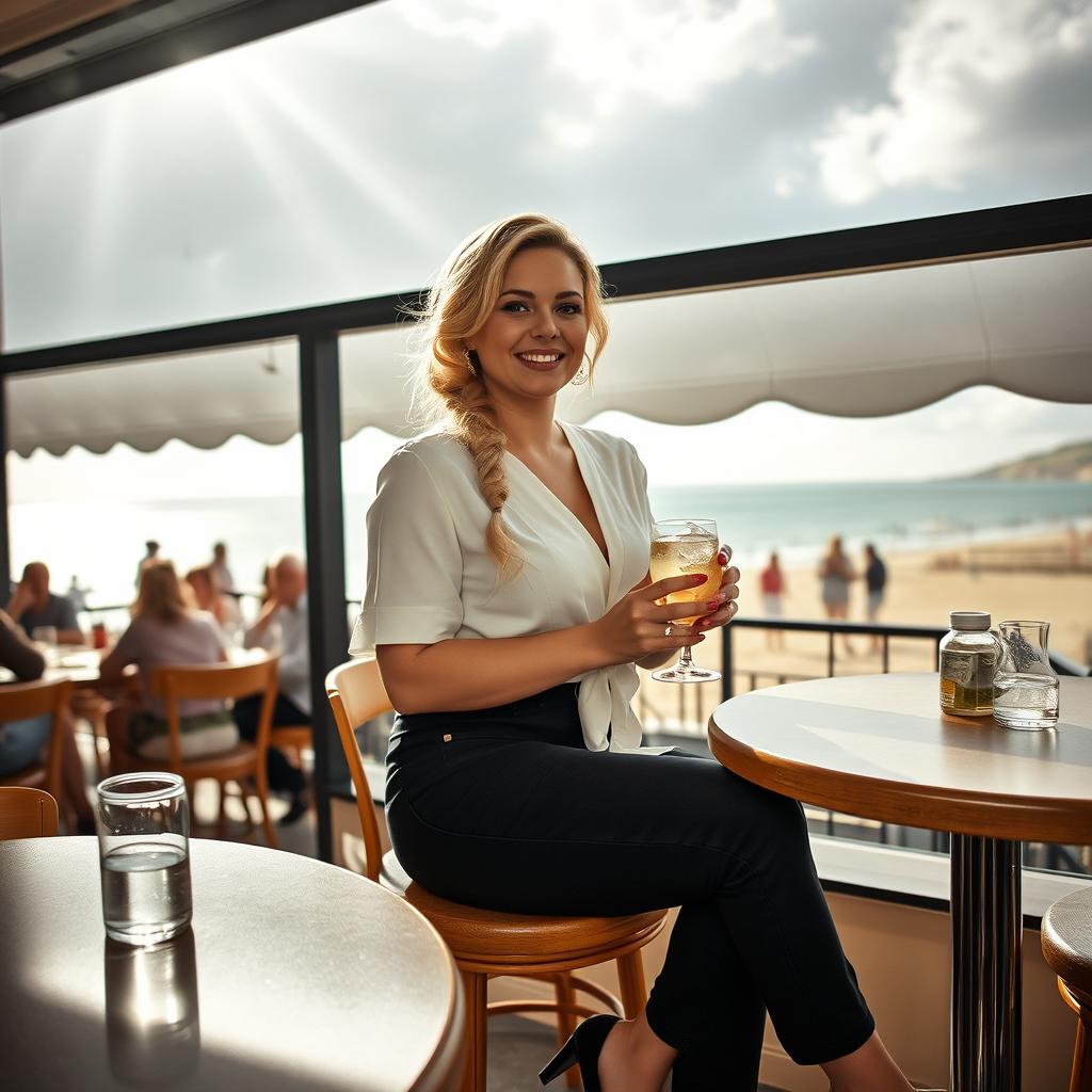 A curvy blonde woman with an elegant plait, seated in a cozy cafe overlooking the picturesque beach at Lyme Regis