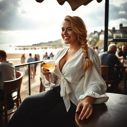 A curvy blonde woman with an elegant plait, seated in a cozy cafe overlooking the picturesque beach at Lyme Regis