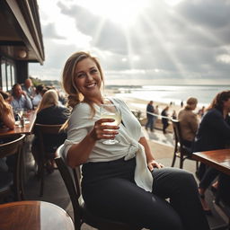 A curvy blonde woman with an elegant plait, seated in a cozy cafe overlooking the picturesque beach at Lyme Regis