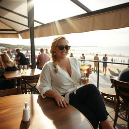 A curvy blonde woman with an elegant plait, seated in a cozy cafe overlooking the picturesque beach at Lyme Regis