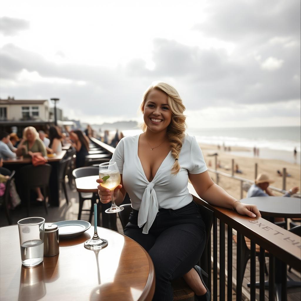 A curvy blonde woman with her hair in a sexy plait, seated in a cafe overlooking the beach at Lyme Regis