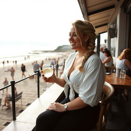 A curvy blonde woman with her hair in a sexy plait, seated in a cafe overlooking the beach at Lyme Regis