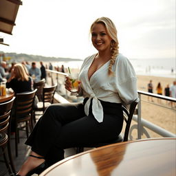 A curvy blonde woman with her hair in a sexy plait, seated in a cafe overlooking the beach at Lyme Regis