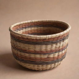 Create a detailed image of a small, open-top Tiruray native basket intricately woven from natural materials, showcasing its unique patterns and textures.