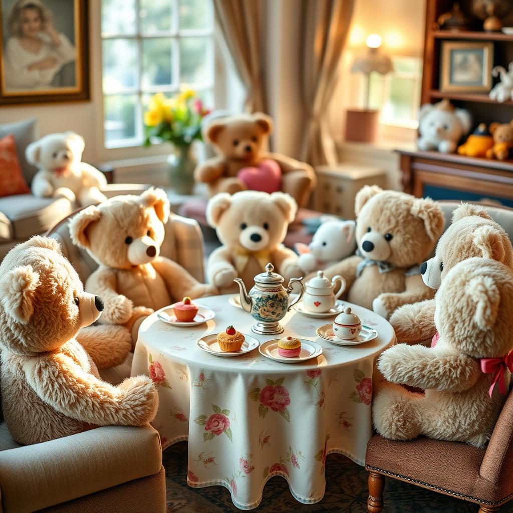 A charming teddy bear tea party with plush toys