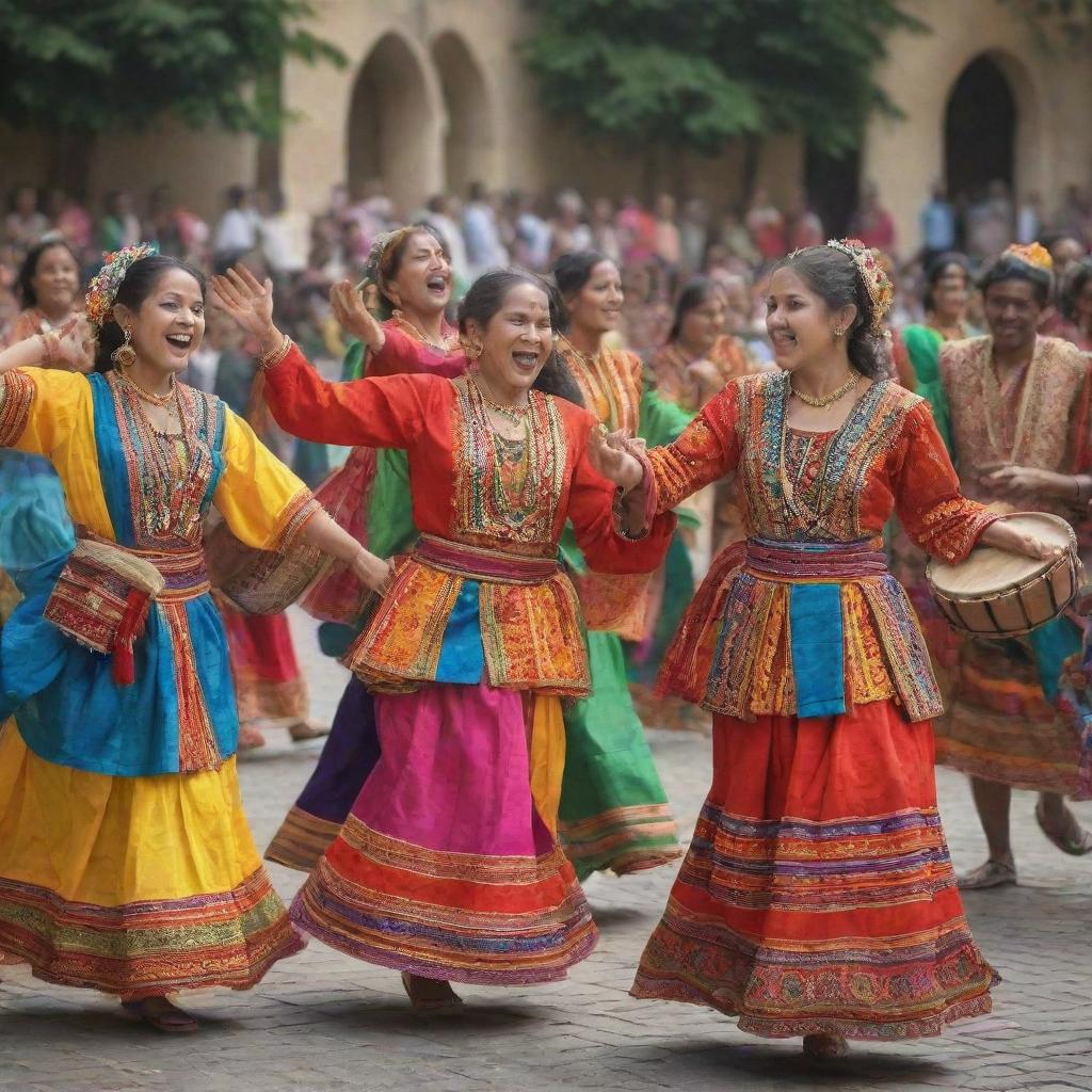 A vibrant celebration with people from varying cultural backgrounds. They are dancing and playing diverse traditional instruments, clothed in colorful ethnic costumes, expressions exuding joy. Emphasize unity in diversity and rich cultural heritage.