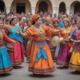 A vibrant celebration with people from varying cultural backgrounds. They are dancing and playing diverse traditional instruments, clothed in colorful ethnic costumes, expressions exuding joy. Emphasize unity in diversity and rich cultural heritage.