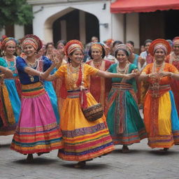 A vibrant celebration with people from varying cultural backgrounds. They are dancing and playing diverse traditional instruments, clothed in colorful ethnic costumes, expressions exuding joy. Emphasize unity in diversity and rich cultural heritage.