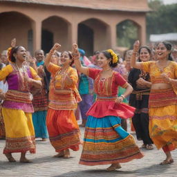 A vibrant celebration with people from varying cultural backgrounds. They are dancing and playing diverse traditional instruments, clothed in colorful ethnic costumes, expressions exuding joy. Emphasize unity in diversity and rich cultural heritage.