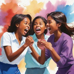 A dynamic, artistic illustration of engaged, vibrant young girls in a passionate debate competition, emphasizing expressions and energy