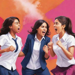 A dynamic, artistic illustration of engaged, vibrant young girls in a passionate debate competition, emphasizing expressions and energy