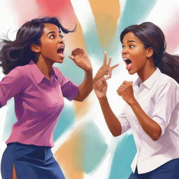 A dynamic, artistic illustration of engaged, vibrant young girls in a passionate debate competition, emphasizing expressions and energy