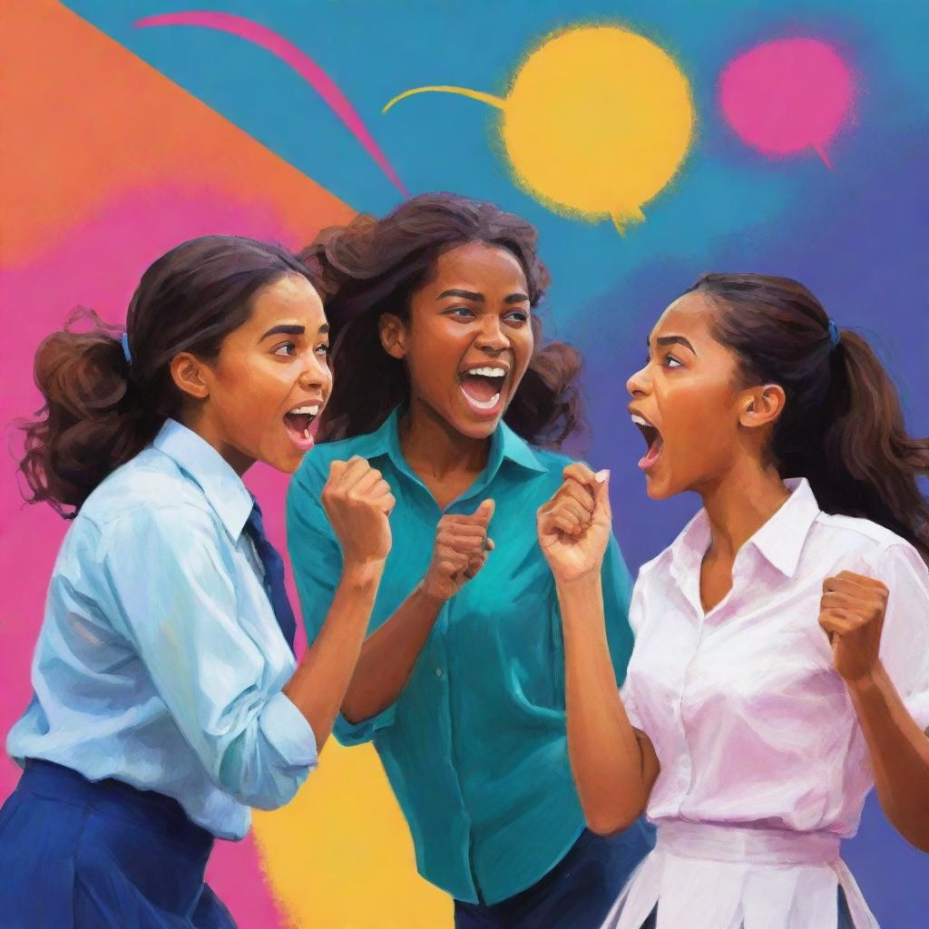 A dynamic, artistic illustration of engaged, vibrant young girls in a passionate debate competition, emphasizing expressions and energy