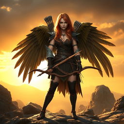 A female DnD harpy ranger with long strawberry blonde hair and striking green eyes