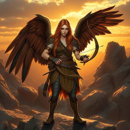 A female DnD harpy ranger with long strawberry blonde hair and striking green eyes