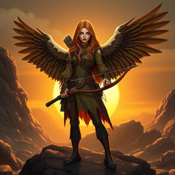 A female DnD harpy ranger with long strawberry blonde hair and striking green eyes