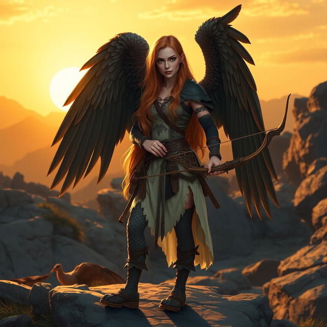 A female DnD harpy ranger with long strawberry blonde hair and striking green eyes